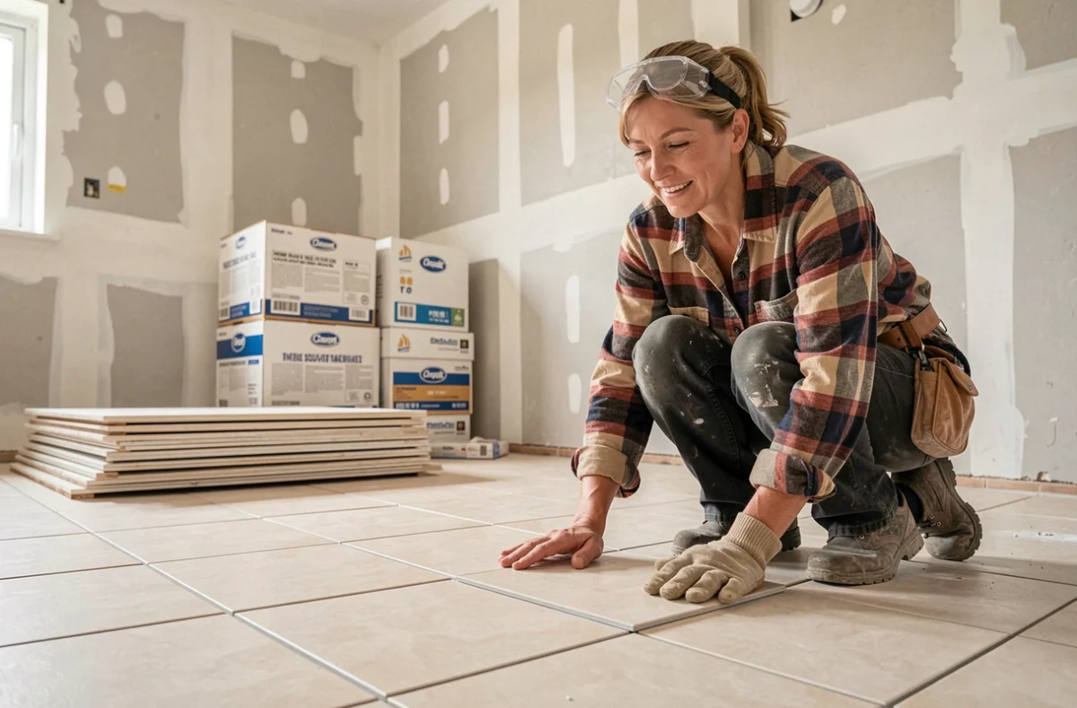 Femme posant des carreaux de sol dans une cuisine en cours de rénovation