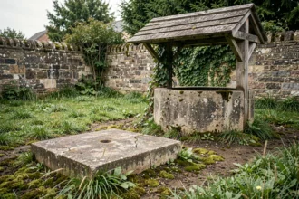 Ancienne fosse septique en béton à proximité d'un puits traditionnel en pierre dans un jardin rural français, risque de pollution de l'eau souterraine