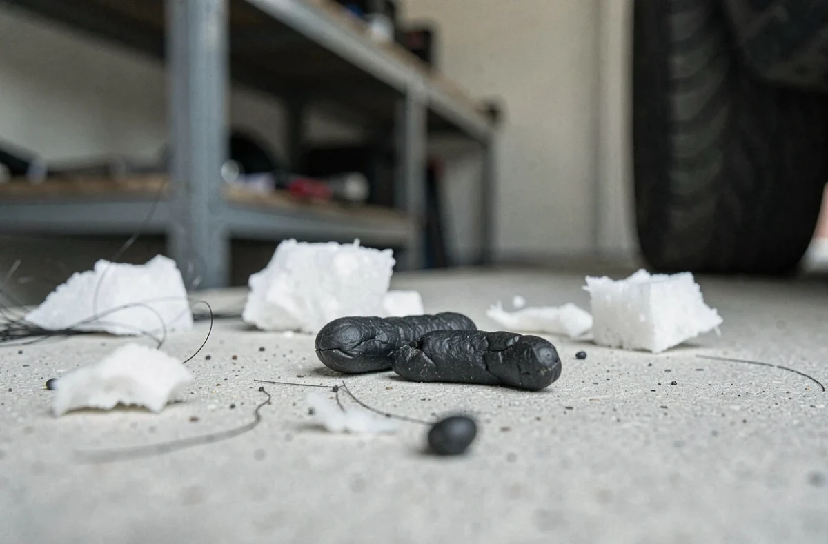 Gros plan de crottes de fouine sur un rebord en béton dans un garage résidentiel