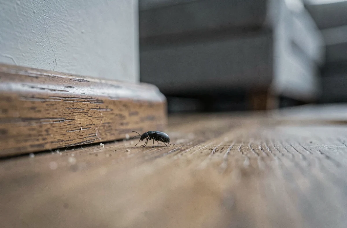 Gros plan macro d'une petite bestiole noire rampant le long d'une plinthe en bois dans un salon