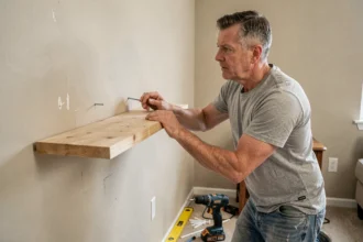 Homme fixant une planche au mur avec une cheville mal positionnée, erreur courante de bricolage sur cloison sèche