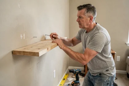 Homme fixant une planche au mur avec une cheville mal positionnée, erreur courante de bricolage sur cloison sèche