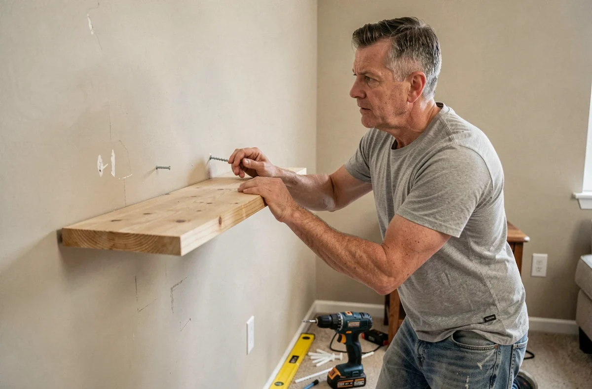 Homme fixant une planche au mur avec une cheville mal positionnée, erreur courante de bricolage sur cloison sèche
