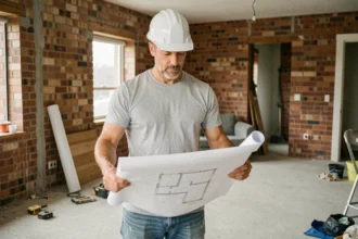 Homme consultant des plans de rénovation dans un appartement en travaux avec murs en briques apparentes
