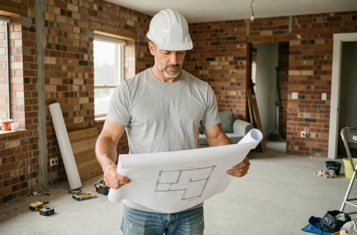 Homme consultant des plans de rénovation dans un appartement en travaux avec murs en briques apparentes
