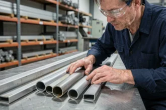 Ingénieur examinant des profilés en tube aluminium sur un établi d'atelier industriel