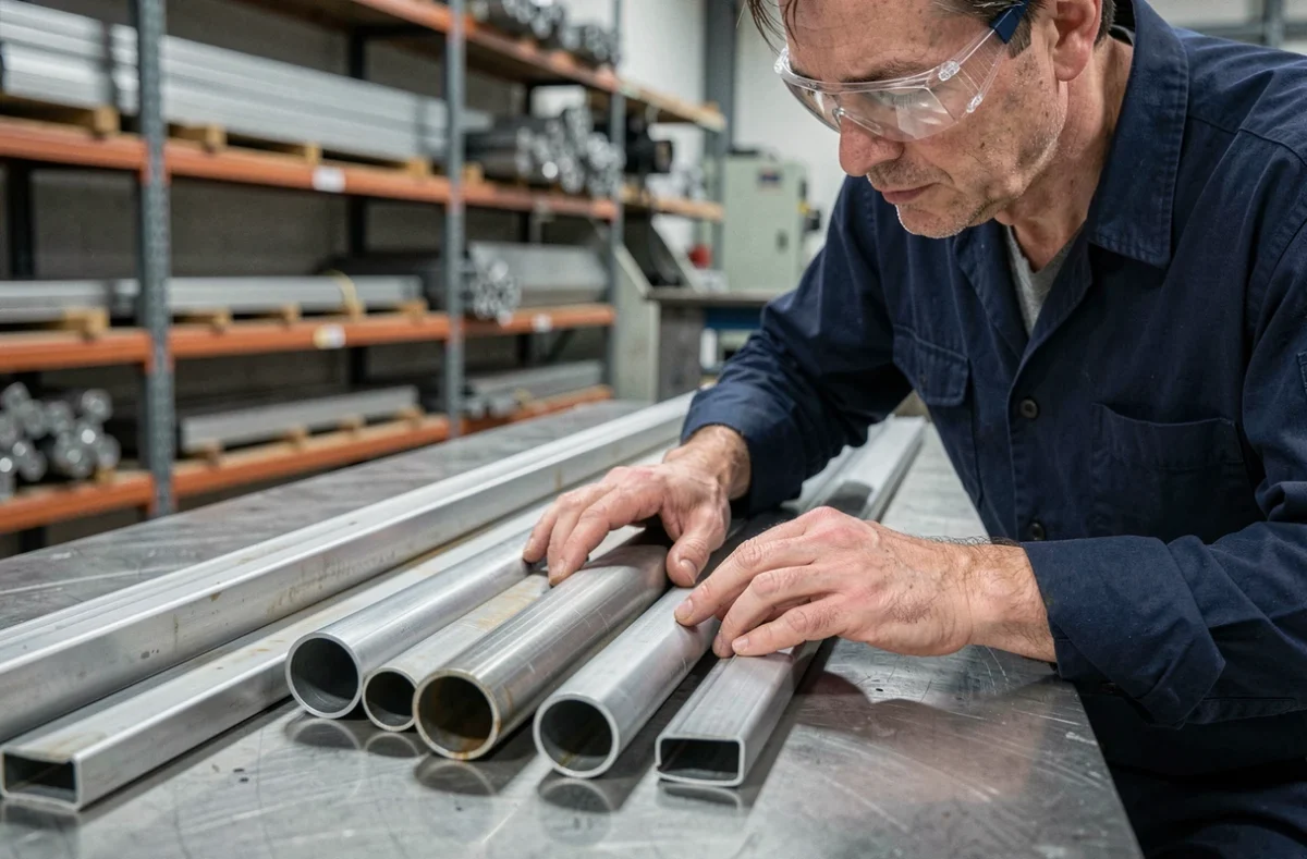 Ingénieur examinant des profilés en tube aluminium sur un établi d'atelier industriel