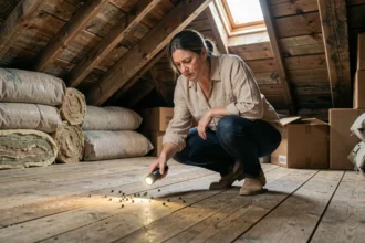 Femme inspectant des crottes de fouine dans un grenier en bois avec une lampe torche
