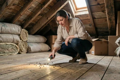 Femme inspectant des crottes de fouine dans un grenier en bois avec une lampe torche