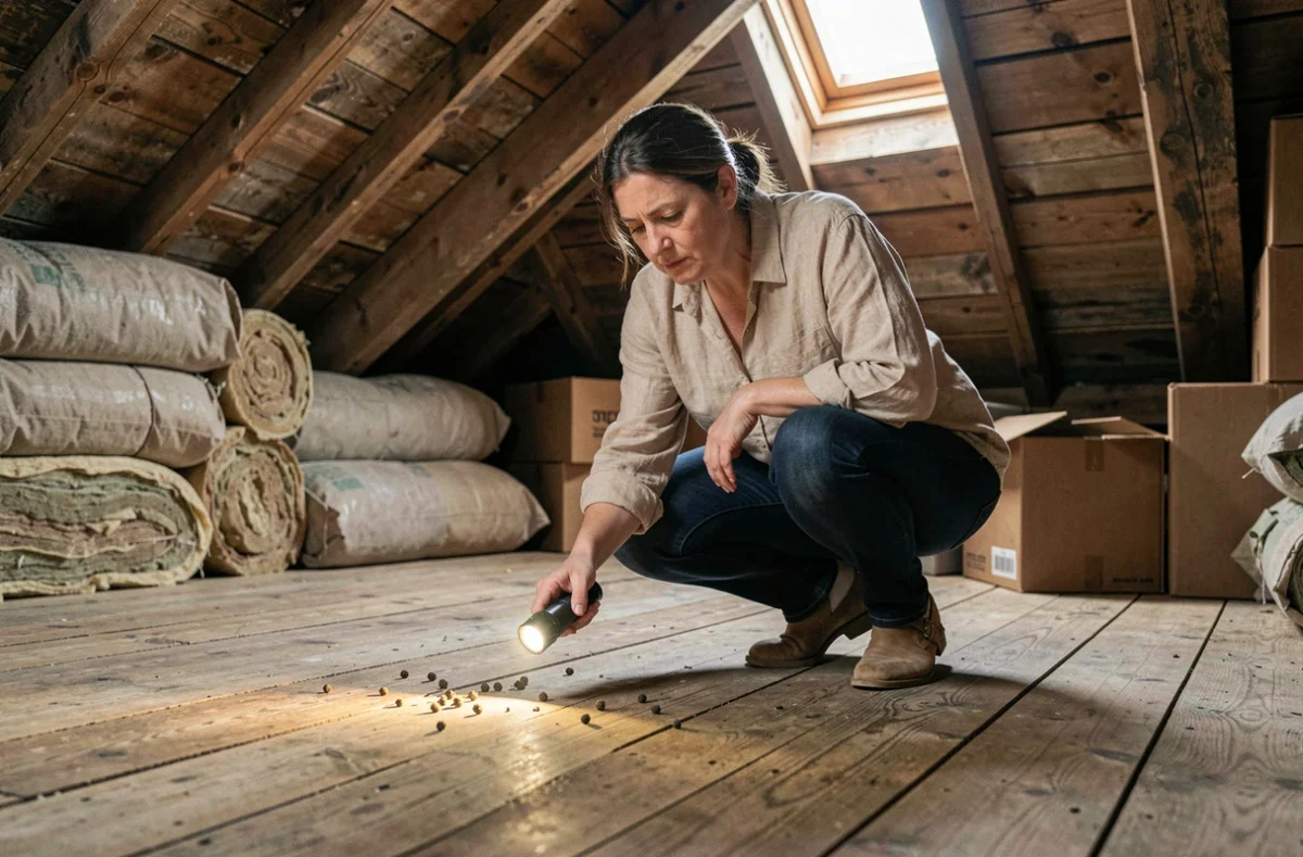 Femme inspectant des crottes de fouine dans un grenier en bois avec une lampe torche