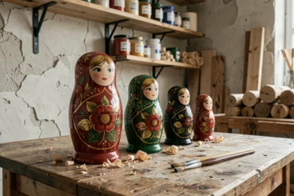 Ensemble de cinq poupées matriochkas russes en bois peintes à la main, alignées sur un établi d'artisan en chêne avec éclats de bois et pinceaux