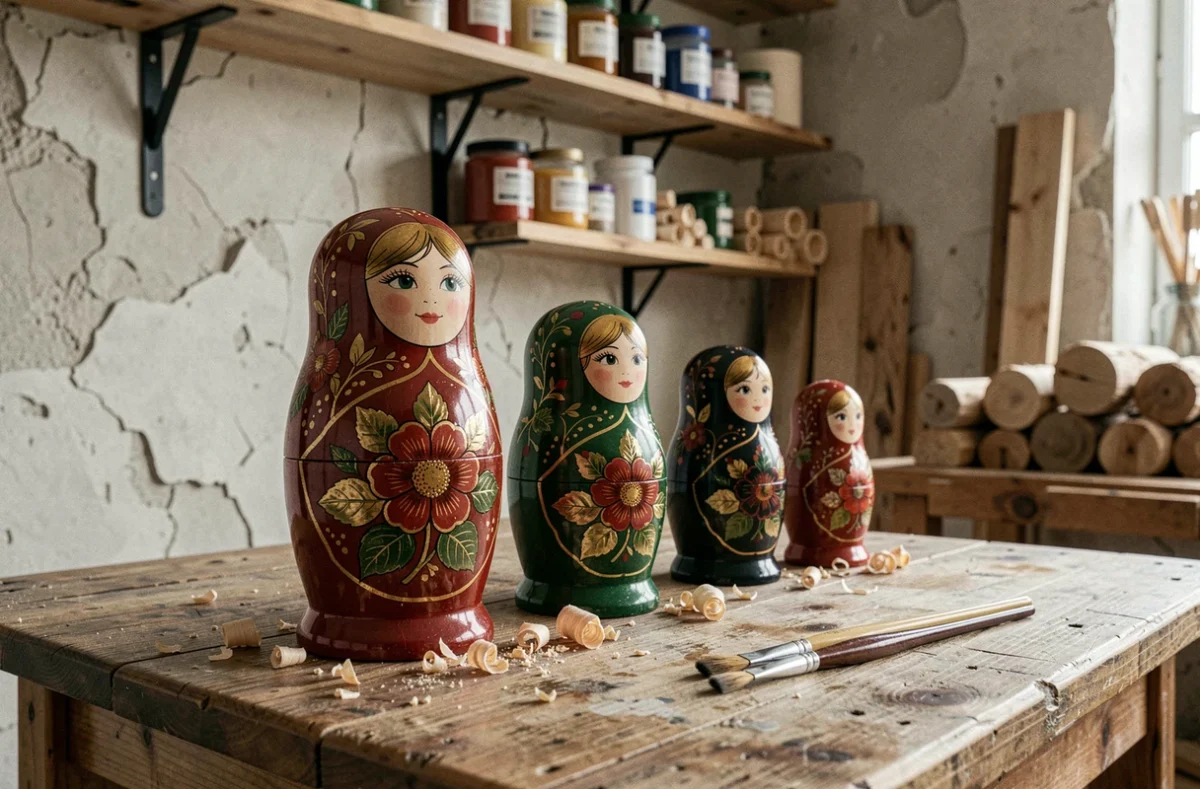 Ensemble de cinq poupées matriochkas russes en bois peintes à la main, alignées sur un établi d'artisan en chêne avec éclats de bois et pinceaux