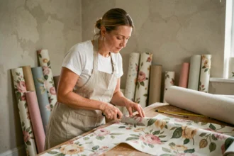 Femme mesurant et découpant un rouleau de papier peint sur une table de travail lors d'une rénovation intérieure
