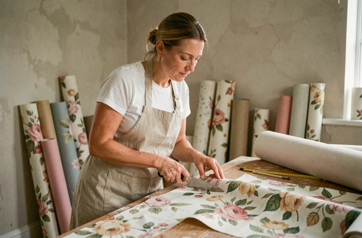 Femme mesurant et découpant un rouleau de papier peint sur une table de travail lors d'une rénovation intérieure