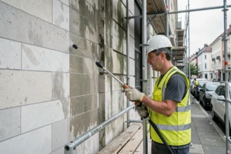 Technicien en train de nettoyer une façade en pierre calcaire avec un nettoyeur haute pression sur un échafaudage, illustrant le coût au m2 du nettoyage de façade