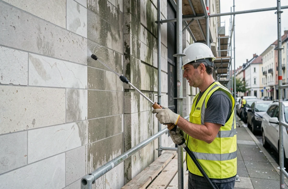 Technicien en train de nettoyer une façade en pierre calcaire avec un nettoyeur haute pression sur un échafaudage, illustrant le coût au m2 du nettoyage de façade