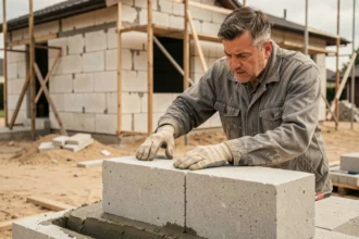 Ouvrier posant des blocs de béton cellulaire Siporex sur un chantier de maison individuelle