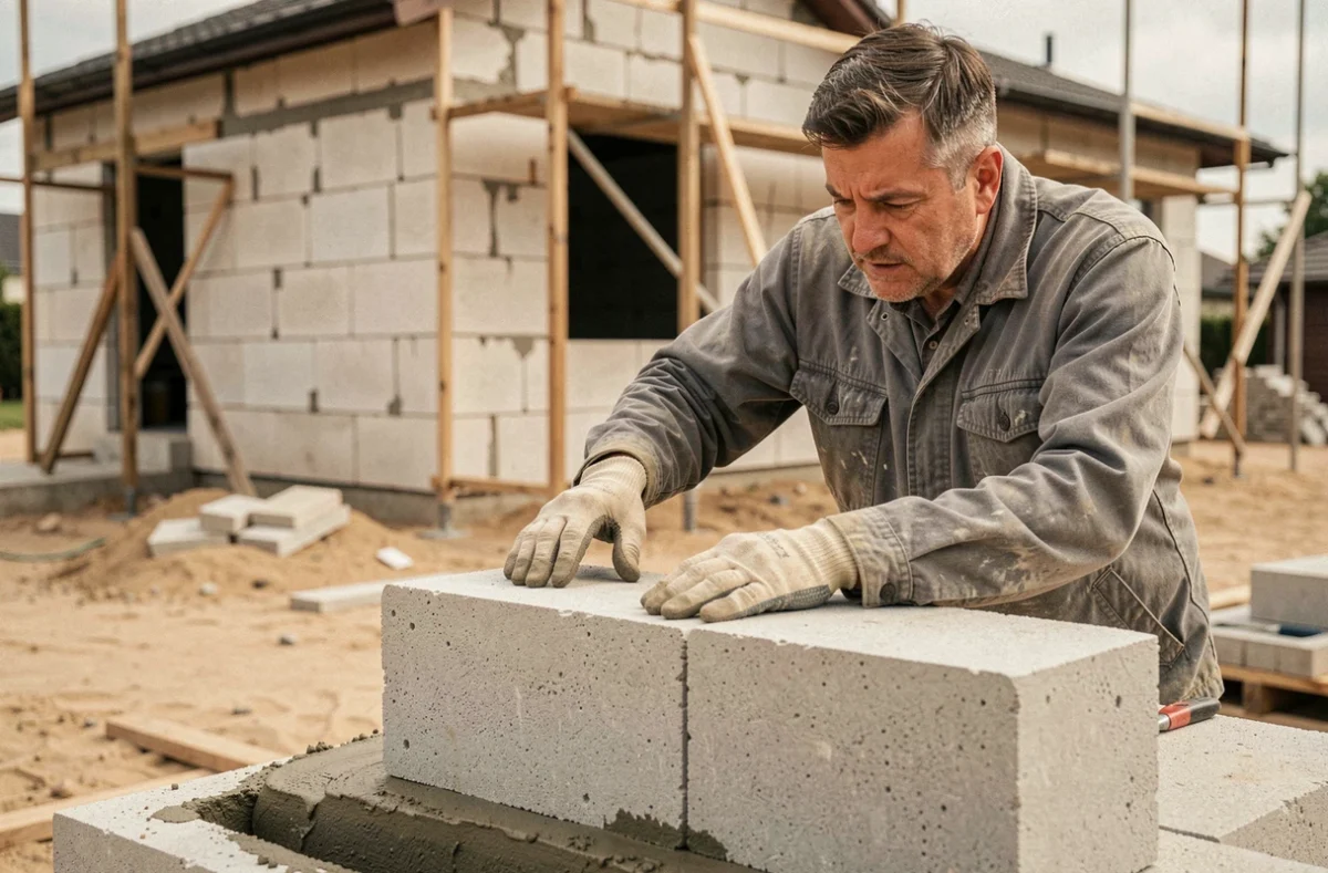 Ouvrier posant des blocs de béton cellulaire Siporex sur un chantier de maison individuelle