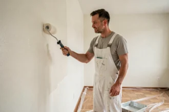 Peintre professionnel en train d'appliquer de la peinture blanche sur un mur intérieur lors d'une rénovation appartement