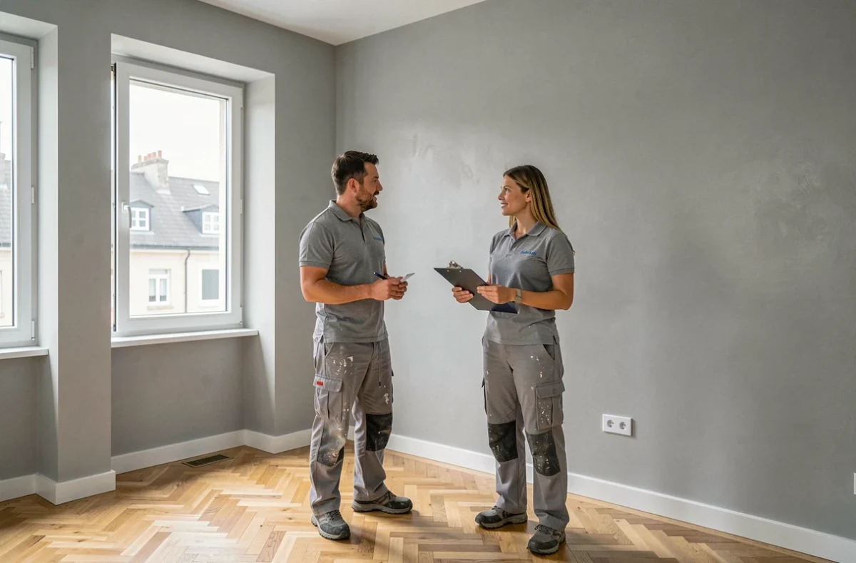 Deux peintres professionnels discutant du coût de pose de peinture au m2 dans un salon rénové en France