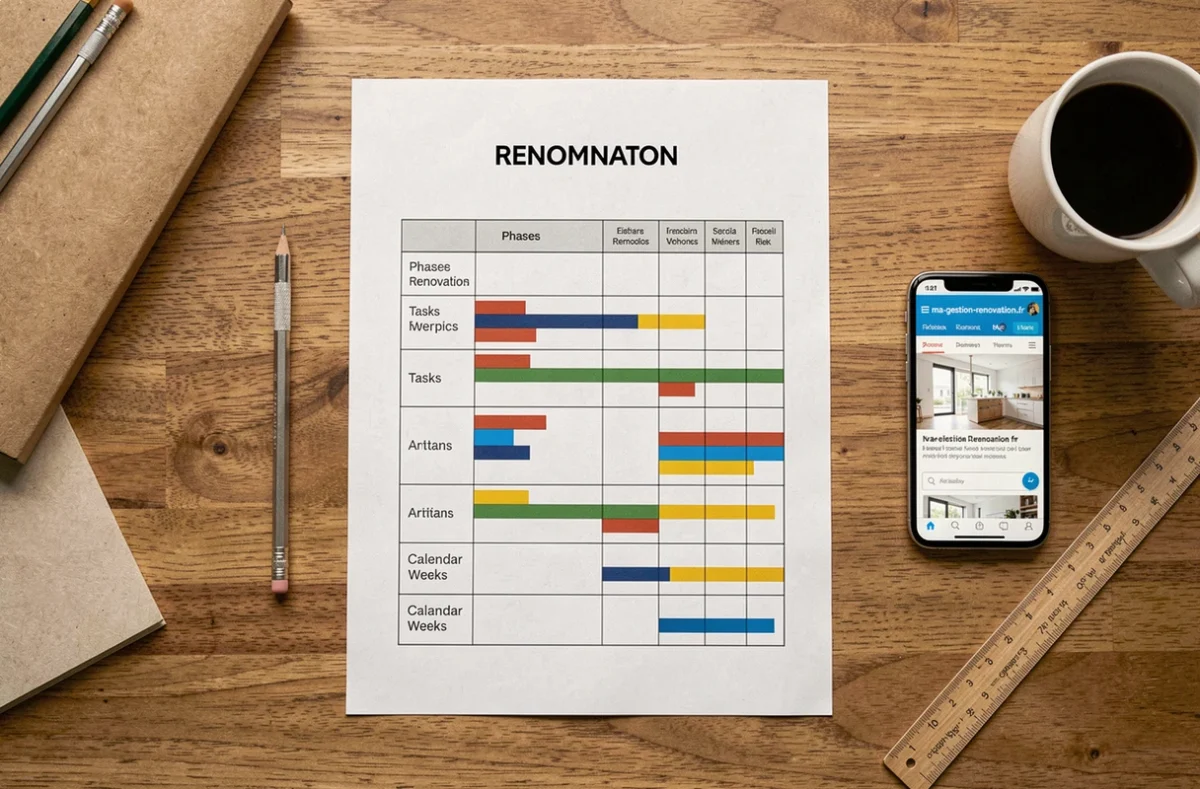 Vue aérienne d'un planning travaux PDF imprimé posé sur un bureau avec smartphone affichant un outil de gestion rénovation en ligne