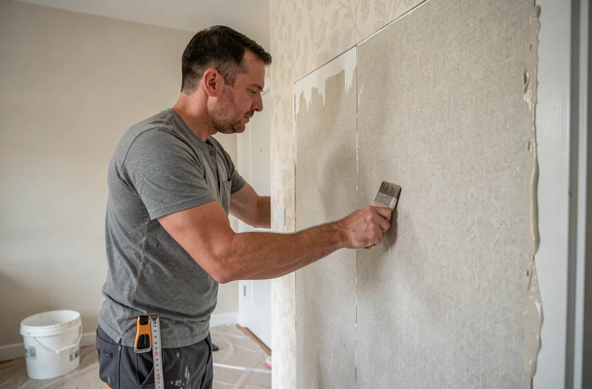 Homme posant un lé de papier peint sur un mur de hauteur standard dans une chambre en cours de rénovation