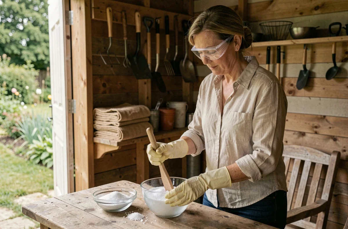 Femme préparant une solution d'acide oxalique pour traiter du mobilier de jardin en bois dans un abri de jardin