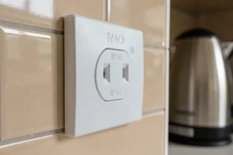 Prise murale étanche IP44 sur carrelage de cuisine moderne avec volets de sécurité intégrés