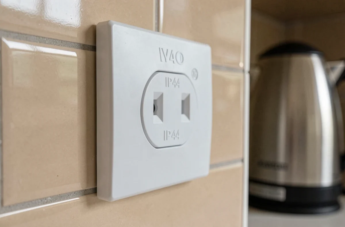 Prise murale étanche IP44 sur carrelage de cuisine moderne avec volets de sécurité intégrés