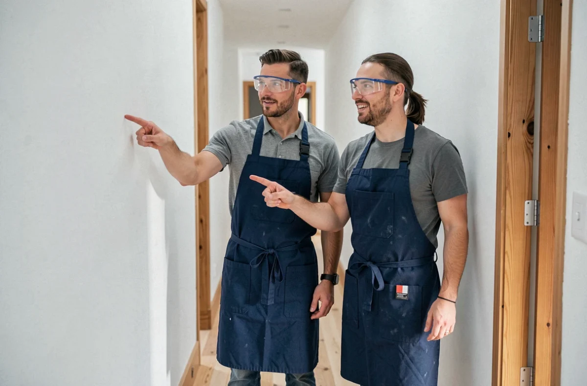 Deux professionnels de la rénovation inspectant une pièce fraîchement rénovée avec parquet et peinture neuve