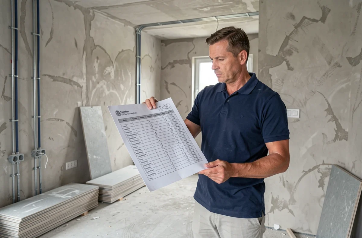 Propriétaire consultant un planning travaux imprimé en PDF sur un chantier de rénovation appartement