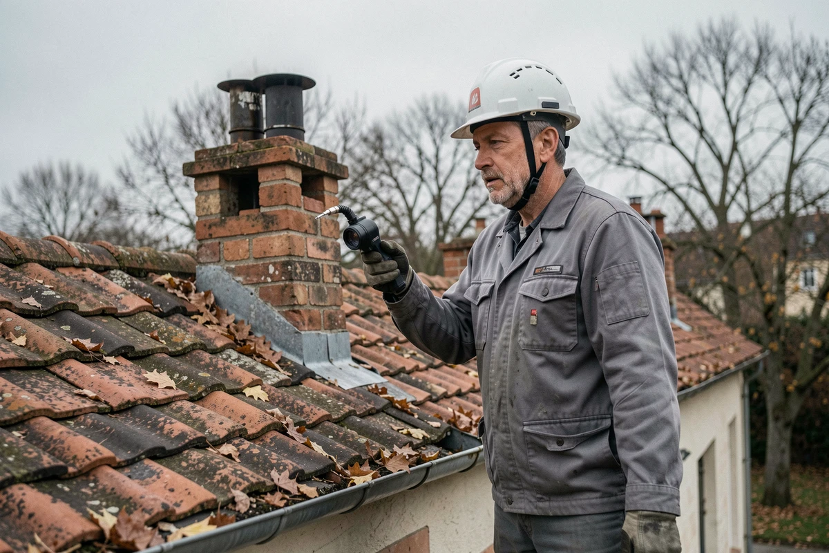 Ramoneur professionnel inspectant une cheminée sur un toit de maison française en automne