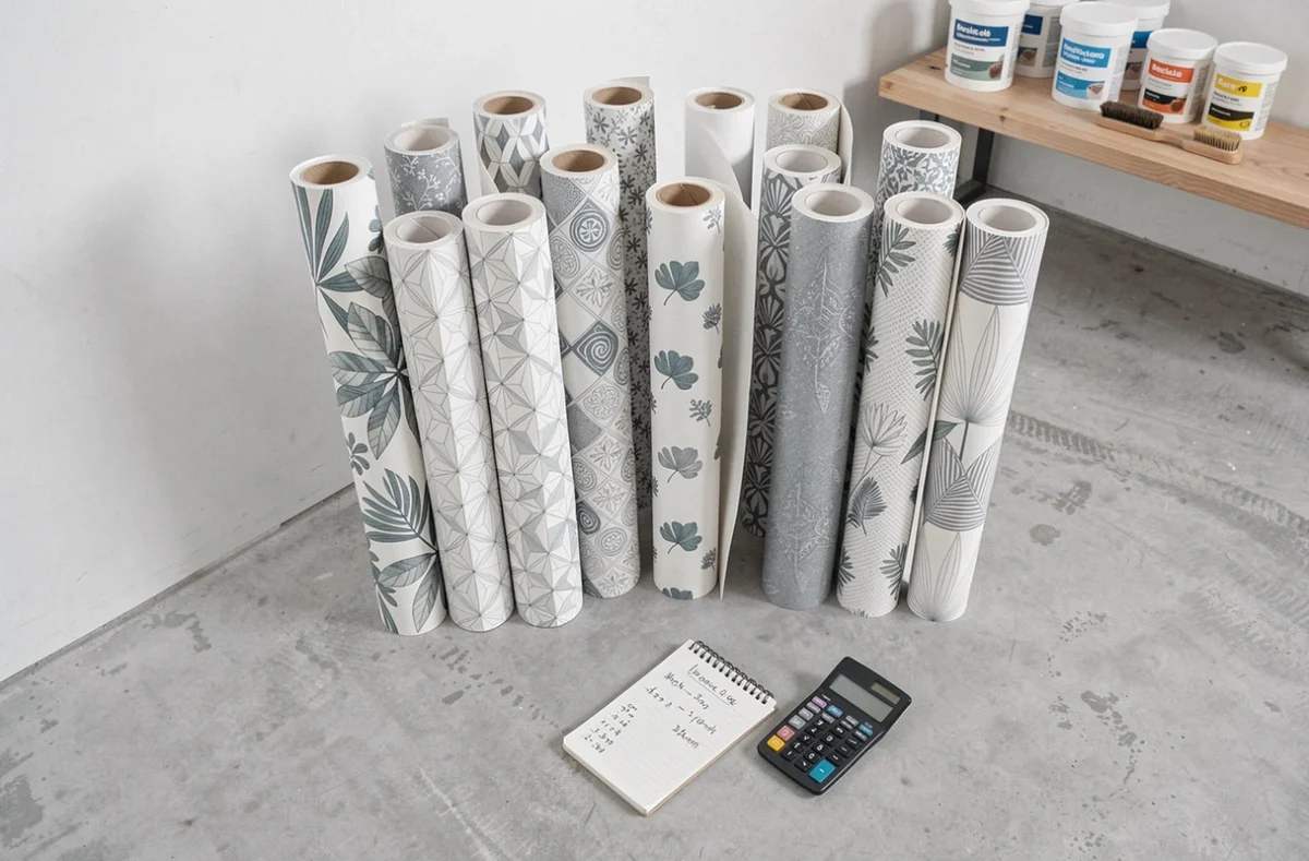 Plusieurs rouleaux de papier peint disposés au sol avec un carnet de calcul de surface pour une pièce de 10m2
