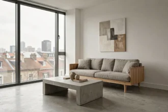 Salon minimaliste avec canapé en lin, table basse en béton et baies vitrées donnant sur la ville, simulateur de décoration intérieure