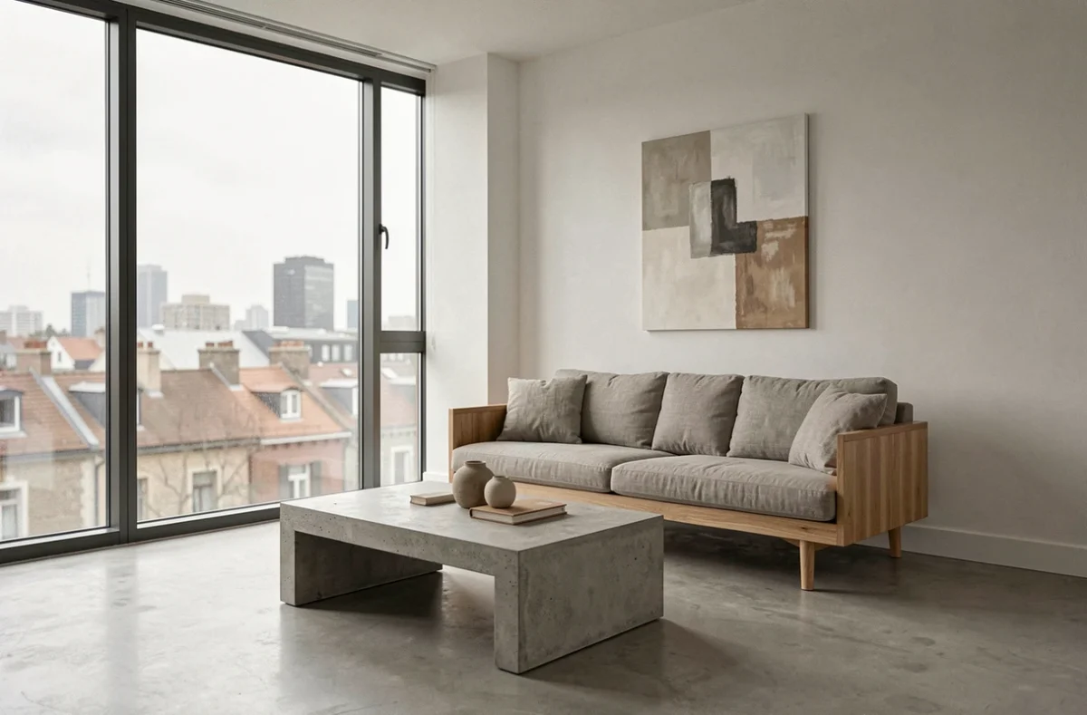 Salon minimaliste avec canapé en lin, table basse en béton et baies vitrées donnant sur la ville, simulateur de décoration intérieure