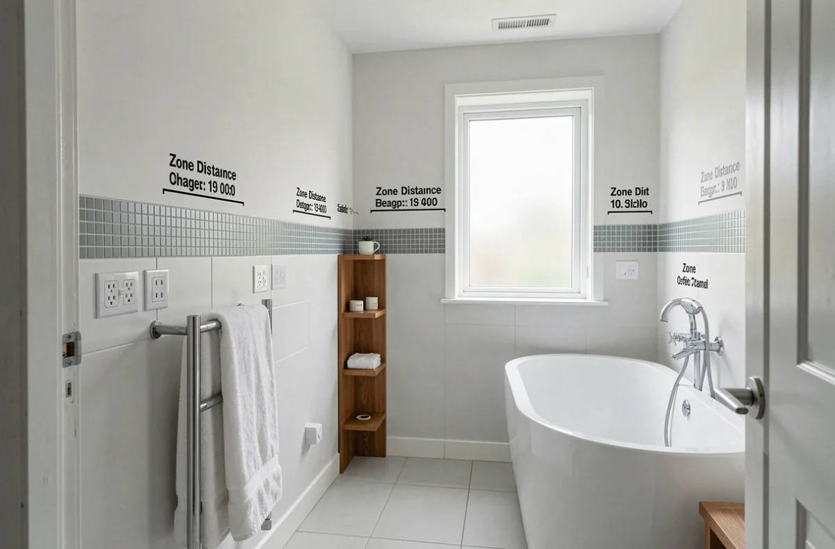 Salle de bain avec prises murales conformes aux normes de sécurité électrique et zones réglementaires