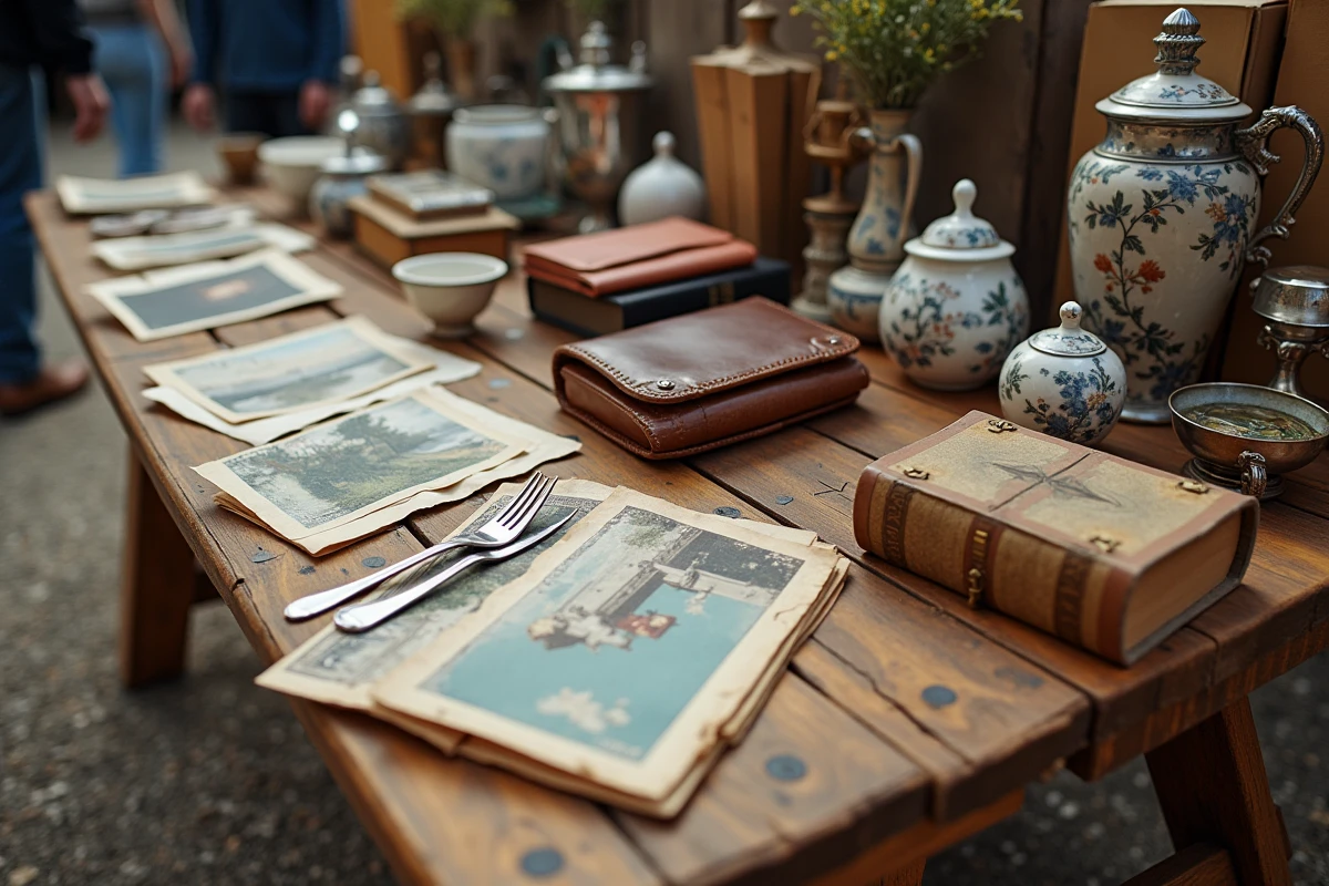 Table de vide grenier couverte d'objets vintage et de brocante en Tarn-et-Garonne vue de dessus