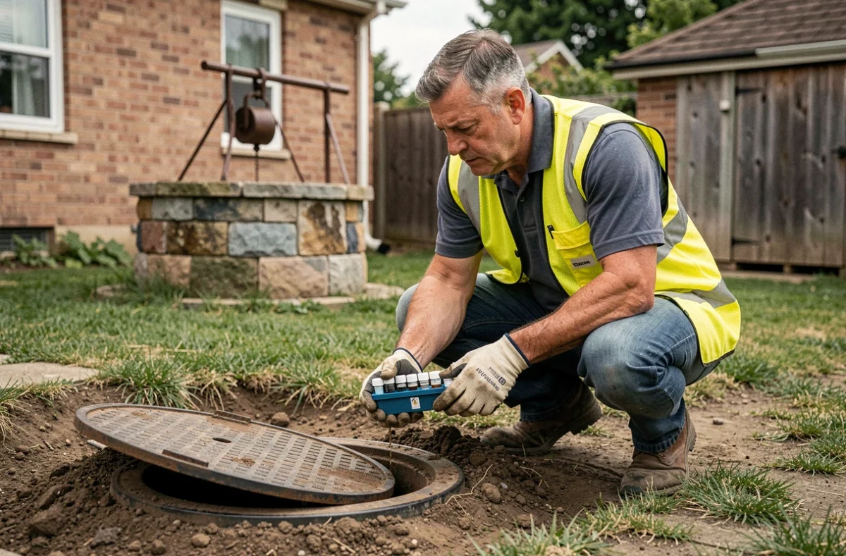 Technicien environnemental inspectant une fosse septique ancienne proche d'un puits, analyse de risque de contamination de l'eau potable
