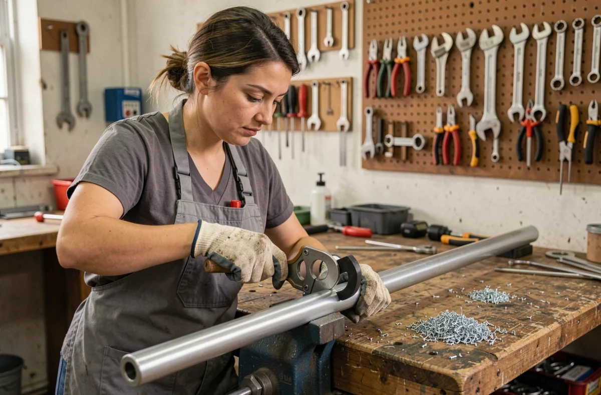 Technicienne coupant un tube aluminium avec un coupe-tube dans un atelier de fabrication