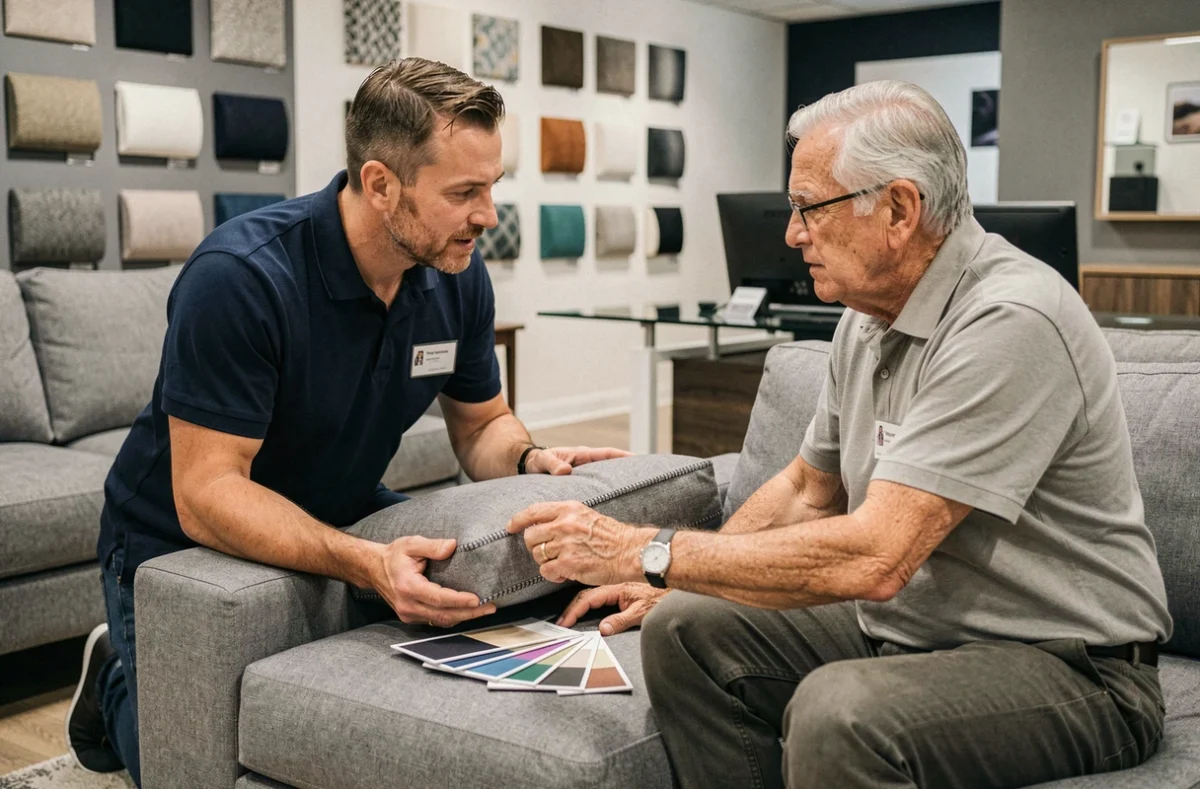 Vendeur Poltronesofa expliquant la qualité de fabrication d'un canapé modulable à un client en magasin