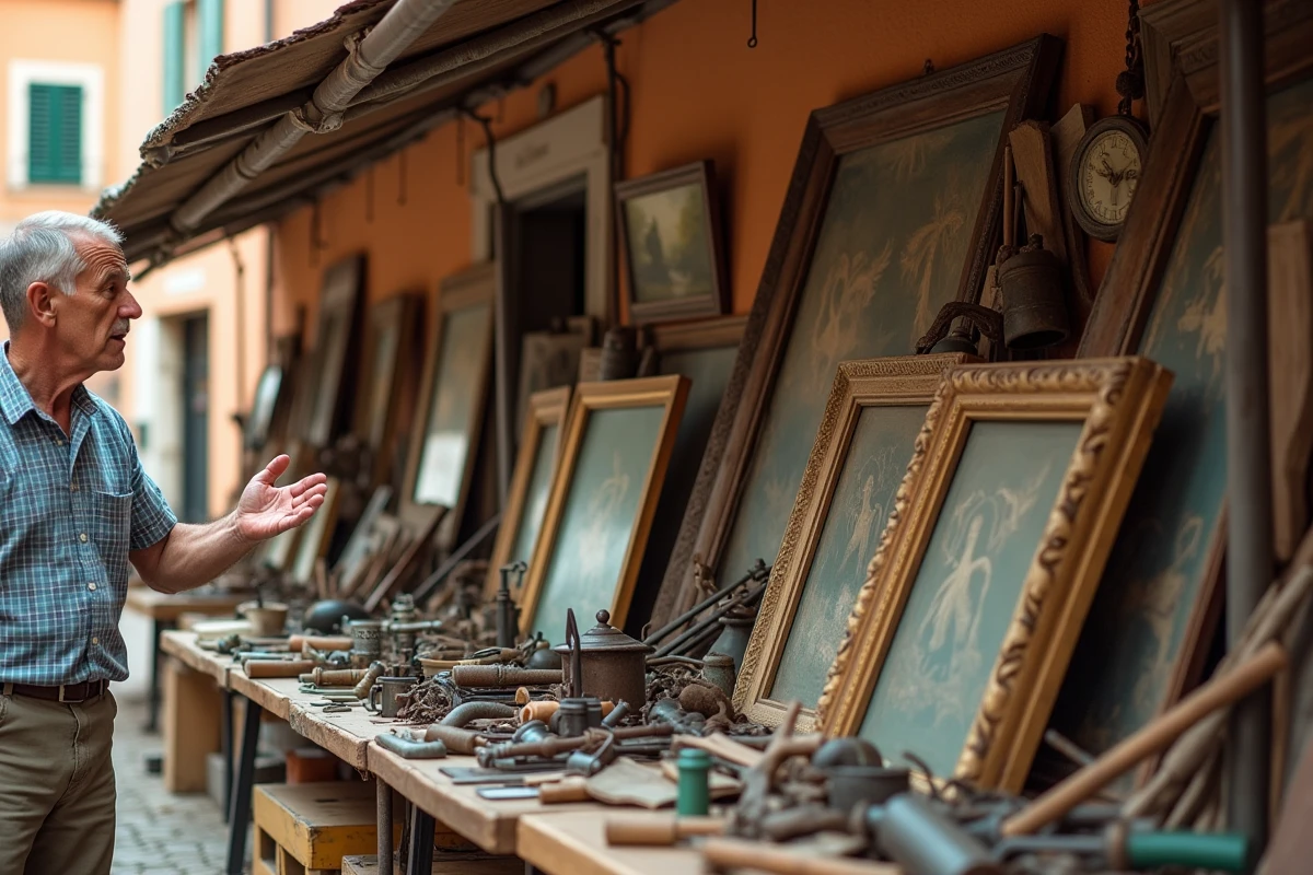Vendeur de vide grenier présentant des objets anciens et outils vintage dans un village du Tarn-et-Garonne