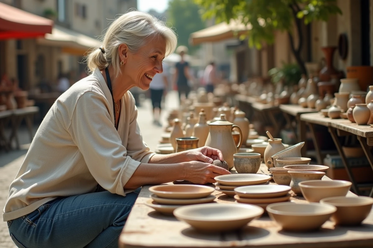 Femme examinant de la vaisselle ancienne sur un stand de vide grenier en Tarn-et-Garonne