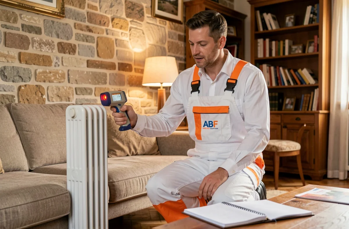 Spécialiste ABF Énergies réalisant un audit thermique dans un intérieur de maison de la Loire avant installation d'une pompe à chaleur