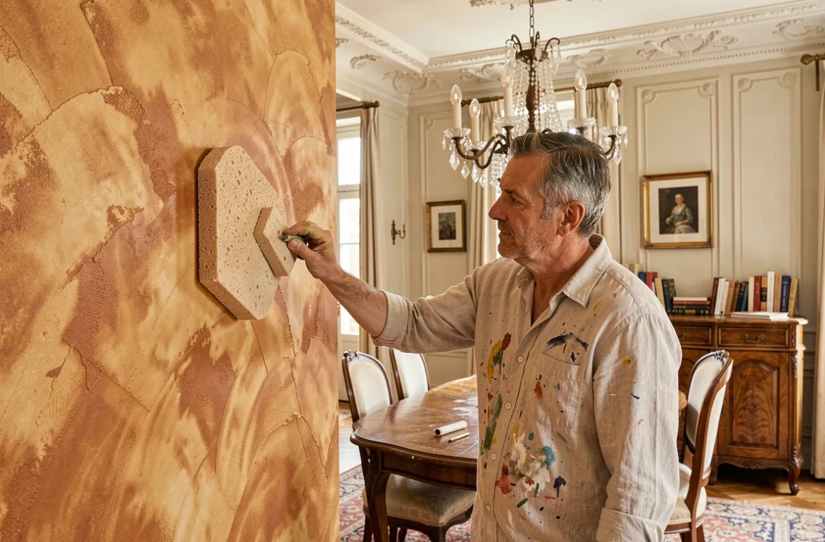 Artiste peintre d'Art Peintre Deco réalisant une technique de faux-fini sur un mur de salle à manger