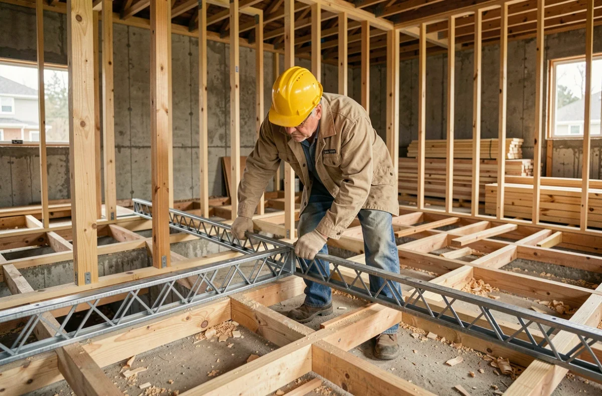 Artisan posant une poutre POSI sur le plancher d'une maison individuelle en construction