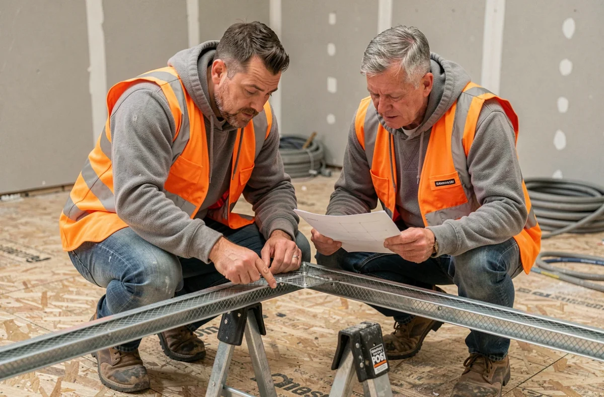 Deux artisans inspectant la structure en treillis d'une poutre POSI sur un chantier de maison
