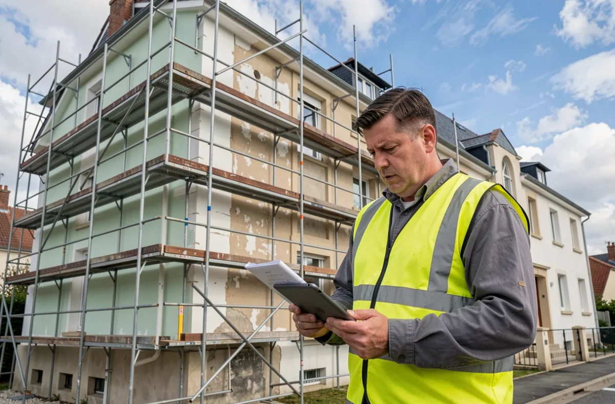 Chef de chantier d'As Batiment supervisant la rénovation d'une façade d'immeuble résidentiel