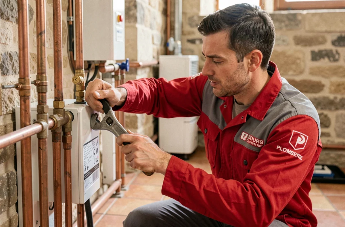 Technicien de Bourg Plomberie Chauffage raccordant une pompe à chaleur air-eau à un circuit de plomberie dans la Loire