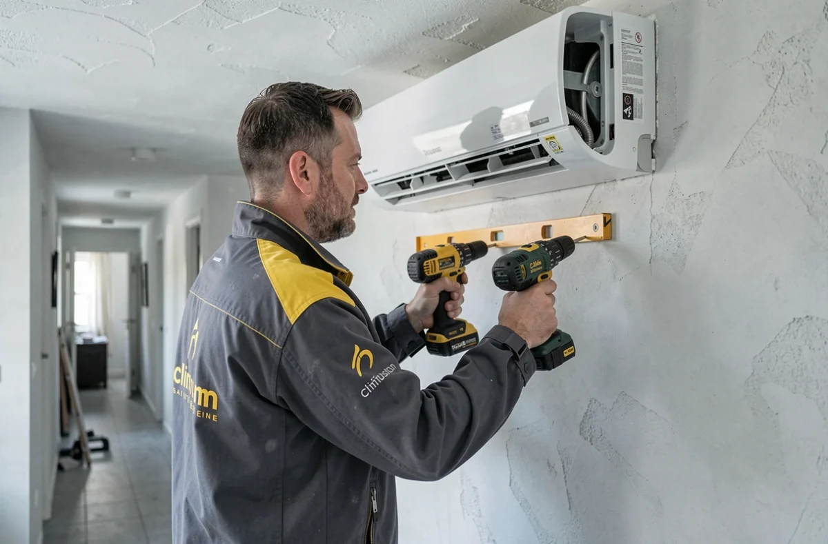 Technicien de Clim Diffusion Saint-Étienne montant une unité intérieure de pompe à chaleur dans un appartement de Saint-Étienne