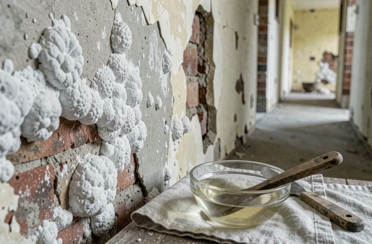 Gros plan sur des dépôts de salpêtre sur un mur ancien avec un remède maison à base de vinaigre posé à côté